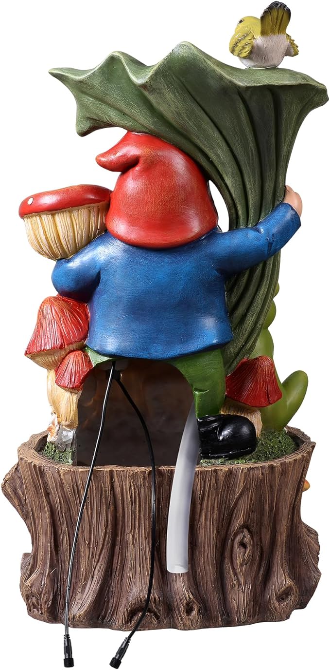 Kalona Gnome Outdoor Waterfall Fountain with LED Lights, Resin Tree Stump Waterfall Fountain for Patio Balcony Yard, 21" Tall Garden Water Feature 25007