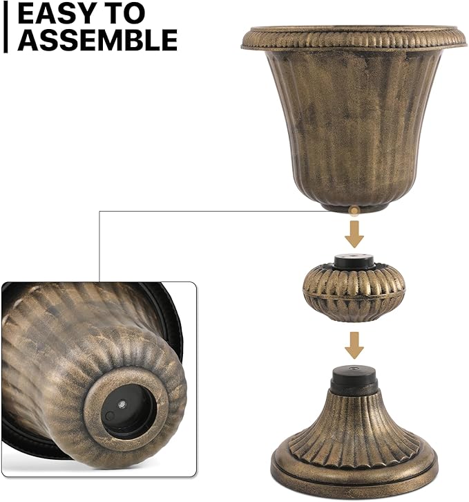 MoNiBloom 20-Inch Plastic Urn Planter Vase Set of 2, for Outdoor Indoor Plants Garden Patio Vintage Decorative Wedding Pedestal Roman Flower Pot Decoration Retro Home Front Porch Door Decor (Brass)