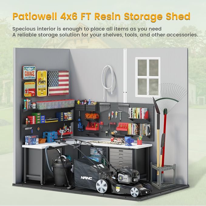 Patiowell 4 x 6 FT Plastic Outdoor Storage Shed with Floor, Resin Shed Outside Tool Shed with Window and Lockable Door for Backyard Garden Patio Lawn, Light Gray (Fit-it Shed) - Image 7