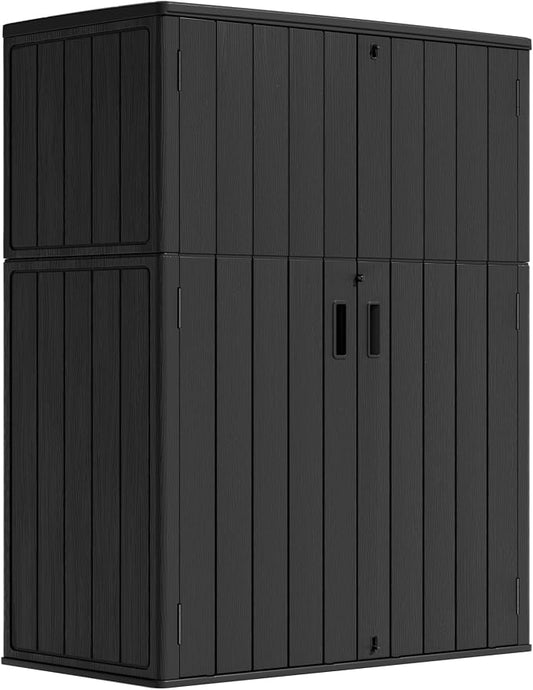 ZZM 57 Cu.ft Outdoor Storage Shed HDPE Storage Cabinet, Double-Wall Resin Sheds with Floor Vertical Lockable Sheds Garden Tools Trash Can, Lawn Mower, Patio Storage, Waterproof, All Black by ZZM
