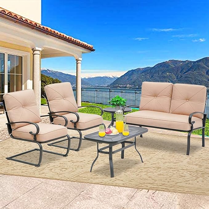 SOLAURA 5-Piece Patio Furniture Conversation Sets with Wrought Iron Loveseat and Spring Chairs(Brown)