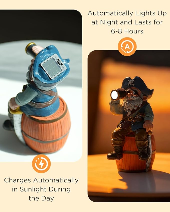 Solar Garden Gnome Statues Funny Resin Pirate Gnome Decorations Sitting on Wine Barrel Outdoor Figurines for Yard Patio Mom Gift