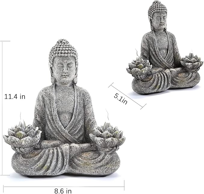 Buddha Statue Zen Sculpture 11.4in Yoga Garden Decor with LED Solar Lotus Lights, Sitting Meditating Buddha Serene Resin Figurine for Patio Yard Lawn Ornaments,Inside or Outside