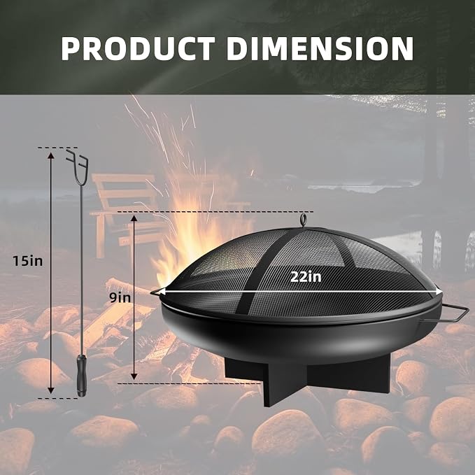 24 Inch Fire Pit for Outside Outdoor Wood Burning Firepit Bowl Heavy Duty Steel Bonfire Pit for Patio Backyard Camping Deck with Spark Screen, Log Grate & Poker - Image 2