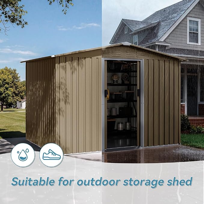 Kurapika 8×6 FT Metal Outdoor Storage Shed Large Tool Shed with Floor, Lockable Door, for Garden, Patio, Backyard, Lawn(Brown) - Image 9