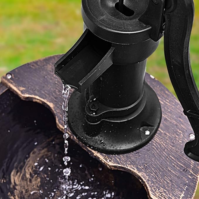Squareful 2-Tier Outdoor Water Fountain, Rustic Patio Decor w/Hand Pump, Pump Barrel Fountain for Garden, Backyard, Patio