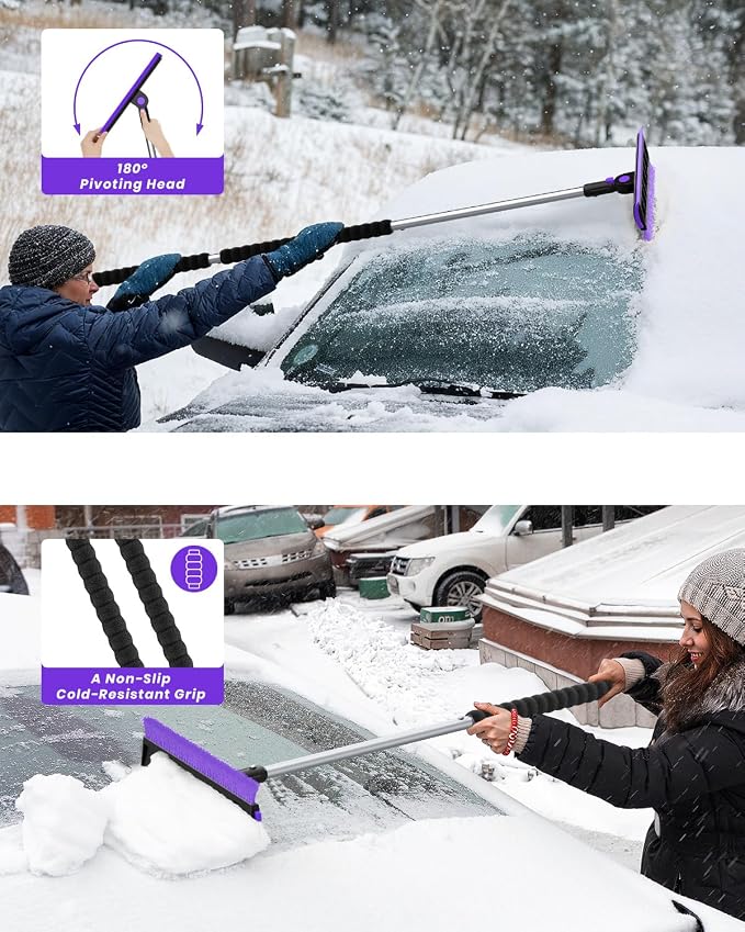helloleiboo 2025 Extra Long 55.7" Ice Scrapers for Car Windshield Multi-Functional Detachable Car Ice Scraper with Foam Grip and 270° Pivoting Brush Head Snow Brush for SUV Truck Auto(Purple) - Image 4