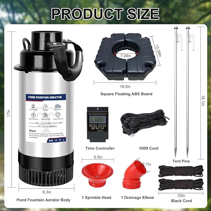 Pond Fountain Aerator 750W -Pond Fountain -1HP 15000 GPH Floating Aerator Pump-100ft Power Cord-2×Metal Ground Stakes-33x2Ft Traction Rope -for Ponds and Lakes 2026 Latest Model