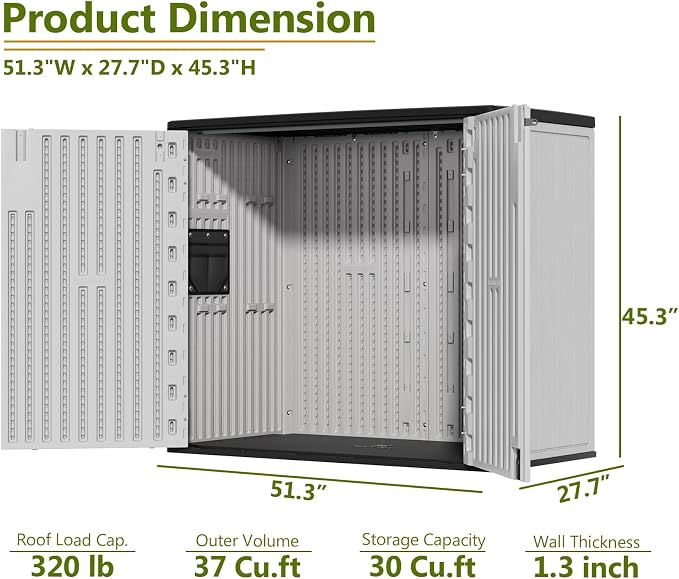 ZZM 37 Cu.ft Outdoor Storage Shed Double-Wall HDPE Storage Cabinet, Waterproof Plastic Sheds with Floor Horizontal Lockable Garden Tools Trash Can, Lawn Mower, Bike Storage, Gray - Image 3