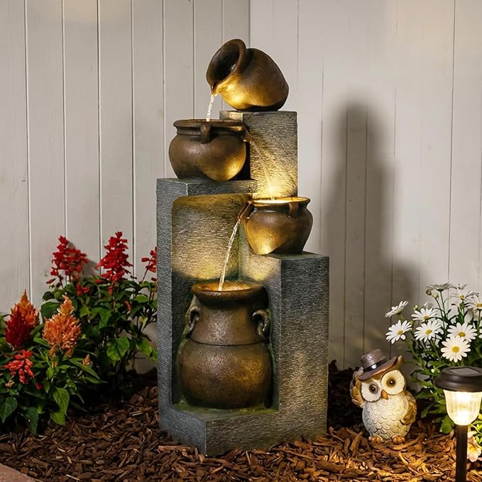 53" H Large Outdoor Water Fountain with Lights - 4 Tiered Cascading Bowls Waterfall Fountain for Garden, Patio, Backyard, Porch Inside - Freestanding Outdoor Water Feature Gold