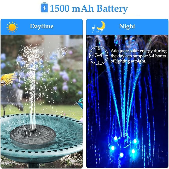 Solar Water Fountain,Upgrade 3W Solar Powered Bird Baths Fountains Pump, Solar Fountain with Lights 7 Nozzles Four fixators, Outdoor Bird Bath. GardenPond,Decorative Water Fountains.