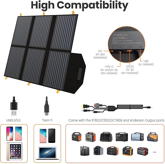 [Upgraded] FlexSolar 60W Portable Solar Panels Chargers QC3.0 USB-A USB-C DC5521 8mm Output Foldable IP65 Waterproof Power Emergency Camping for Small Power Station Generator Tablets Battery Packs - Image 4