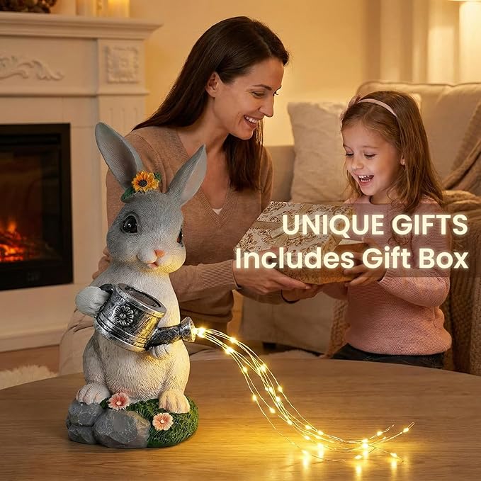 Solar Rabbit Garden Statues Outdoor Decor, Resin Rabbit Figurine Decorations with Solar Light, Whimsical Bunny Sculpture for Patio, Balcony, Yard, Lawn Ornament, Perfect Garden Gift