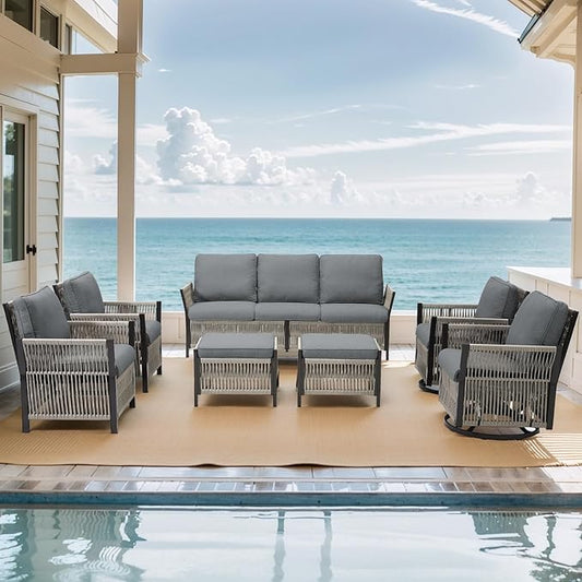 Wicker Outdoor Furniture Set, 7 Piece Patio Conversation Sets, Comfort Swivel Rocker Glider Patio Chairs Set of 2 with Ottoman and Rattan Sofa (Grey)