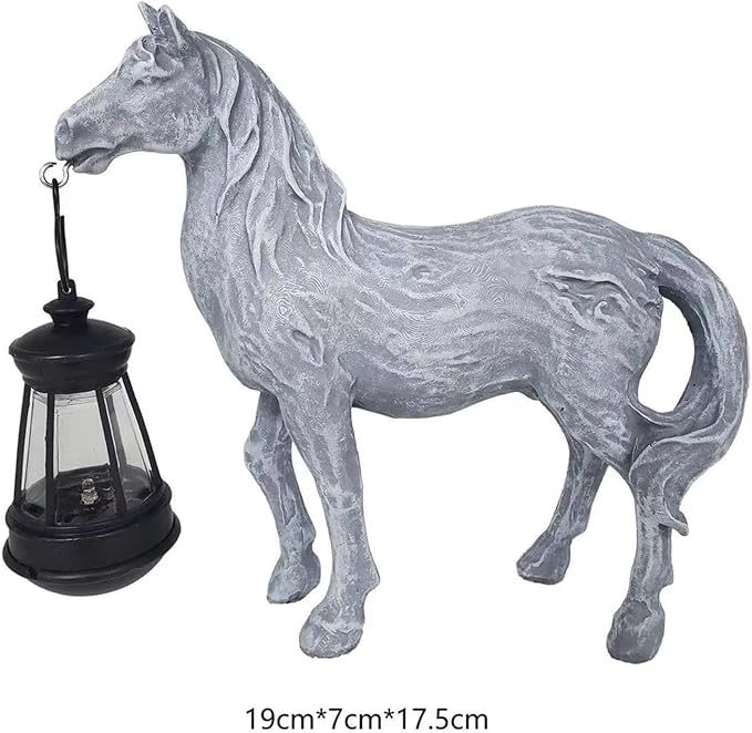 Solar Garden Horse Figurines, Horse with Solar Lantern, Whimsical Outdoor Indoor Decor, Grey