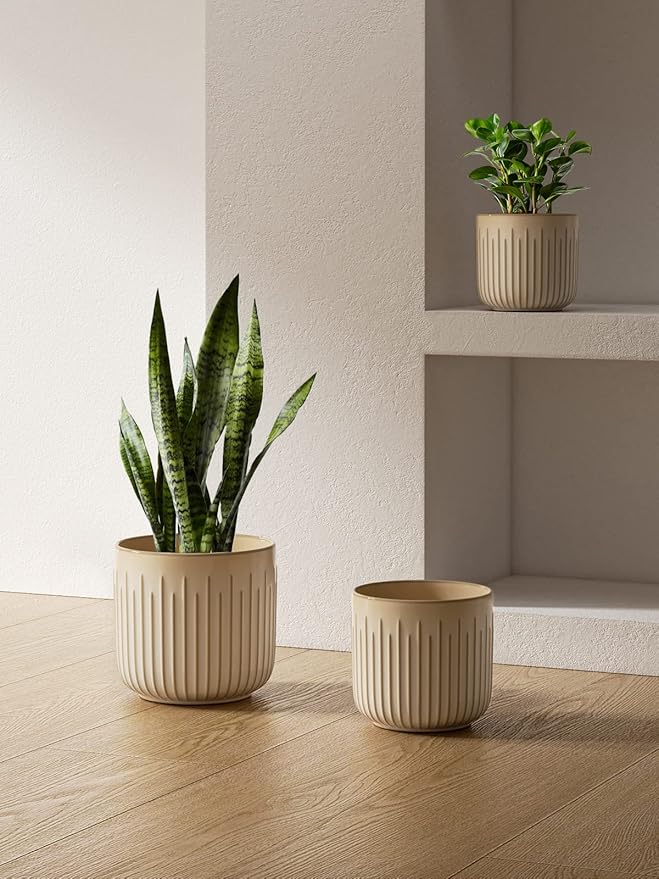 LE TAUCI Ceramic Pots for Plants, 8.3/7/6 Inch Indoor Planters with Drainage Holes & Mesh, Modern Glossy Glaze Cylinder Fluted Plant Pot for Snake Plant, Set of 3, Sand Beige
