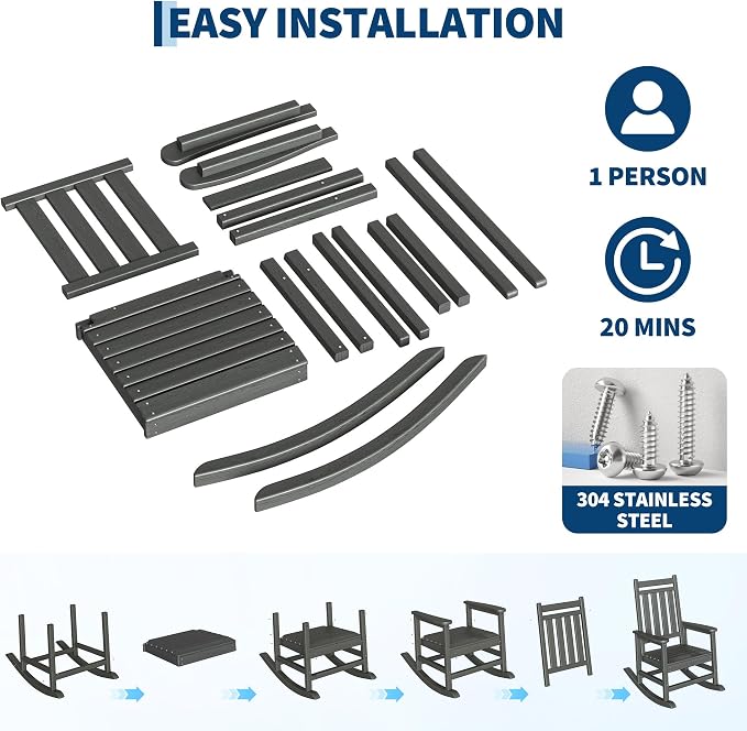 Garvee HDPE Rocking Chair Outdoor Set of 4 with 2 Side Table - Poly High Back Porch Rocker Chairs for Adults - All Weather Resistant Furniture for Patio Front Porch - Gray - Image 5