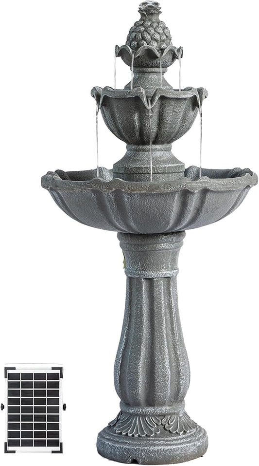 XBrand 36.2" Solar Powered 2-Tier Outdoor Water Fountain, Resin Fountain with Solar Panel Pump, Gray