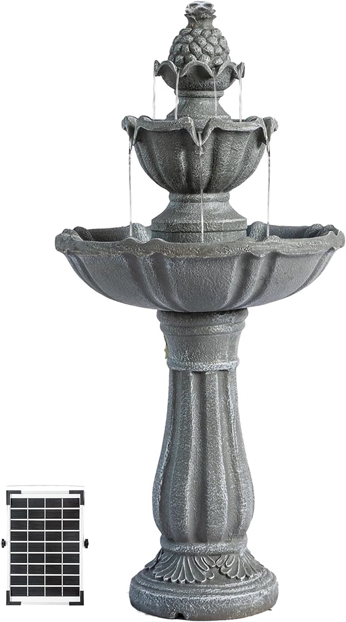 XBrand 36.2" Solar Powered 2-Tier Outdoor Water Fountain, Resin Fountain with Solar Panel Pump, Gray