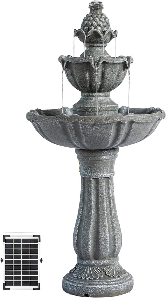 XBrand 36.2" Solar Powered 2-Tier Outdoor Water Fountain, Resin Fountain with Solar Panel Pump, Gray
