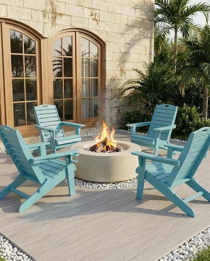 Folding Adirondack Chairs Set of 4,Adirondack Chair with Retractable Ottoman,Plastic Adirondack Chairs with 2 Cup Holder,Weather Resistant Patio Chair,Outdoor Chairs Set of 4(Lake Blue) - Image 2