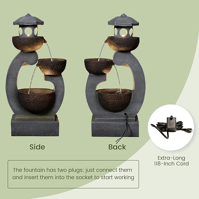 Outdoor Water Fountain with LED Lights, 3-Tier Zen Garden Fountain for Patio, Yard & Porch Decor – Durable Resin Waterfall Feature with Modern Japanese-Style Design, 35” Tall