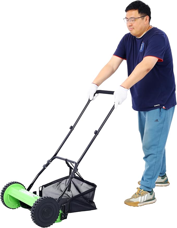 14'' Push Type Lawn Mower 5-Blade Manual Mechanical Lawn Mower Adjustable Height with Hay Bag Eco-Friendly and Quiet Home Gardening Tool Scissor-Style Cutting Method Green - Image 2