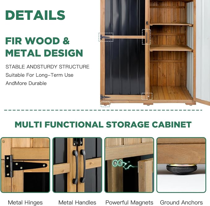 Outdoor Storage Cabinet Waterproof with Shelves, Outdoor Storage Shed Garage Cabinet Weatherproof, Wood & Metal Outside Patio Backyard Garden Pool Storage Tool Organizer - Image 4