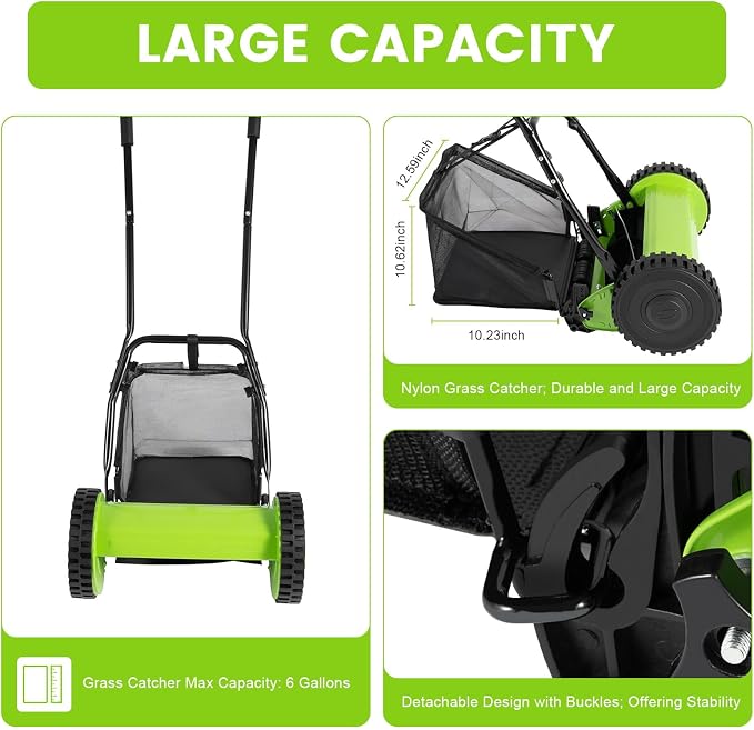 12 Inch 5 Blades Push Reel Lawn Mower Manual Lawn with Adjustable Cutting Height, 6.6-Gallon Removable Grass Catcher, 5 Steel Blades, 2-Wheels - Image 8