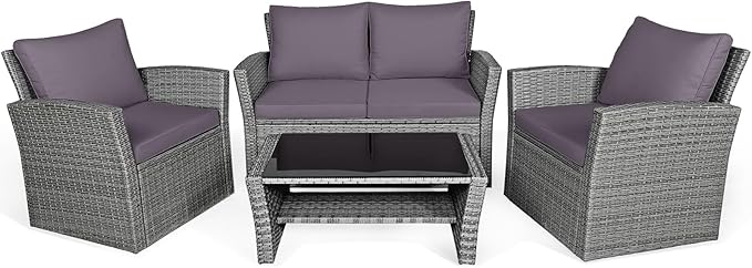 COSTWAY 4 Pieces Patio Rattan Furniture Set, Outdoor Wicker Sofa Set with Tempered Glass Coffee Table, Cushions, All Weather Rattan Conversation Set for Yard Balcony Backyard Pool (Grey)