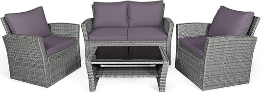 COSTWAY 4 Pieces Patio Rattan Furniture Set, Outdoor Wicker Sofa Set with Tempered Glass Coffee Table, Cushions, All Weather Rattan Conversation Set for Yard Balcony Backyard Pool (Grey)