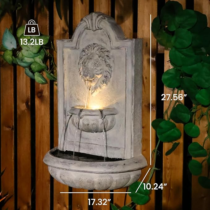 Lion Head Wall Hanging Fountain, 27.5" H Classic Outdoor Wall-Mounted Water Feature, Resin Antique Garden Wall Fountain with LED Light & Water Basin for Patio, Porch, Yard & Courtyard Décor