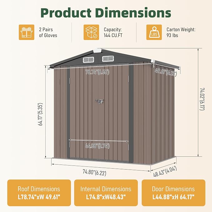 Aoxun 6' x 4' Outdoor Shed with 2 Pack Motion Sensor Light Garden Metal Storage Shed with 4 Vents, Lockable Doors for Patio, Lawn & Garden, Brown - Image 5