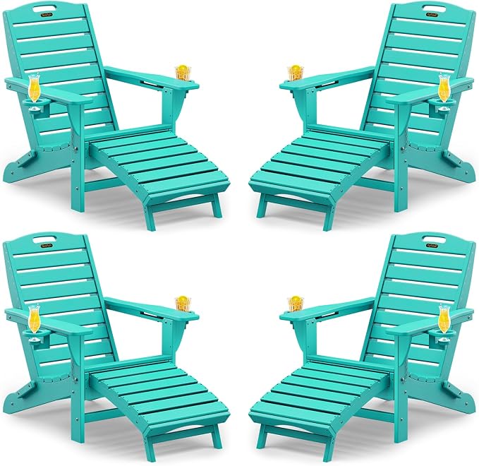 Folding Adirondack Chairs Set of 4,Adirondack Chair with Retractable Ottoman,Plastic Adirondack Chairs with 2 Cup Holder,Weather Resistant Patio Chair,Outdoor Chairs Set of 4(Lake Blue) by Suunyn