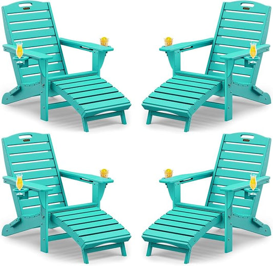 Folding Adirondack Chairs Set of 4,Adirondack Chair with Retractable Ottoman,Plastic Adirondack Chairs with 2 Cup Holder,Weather Resistant Patio Chair,Outdoor Chairs Set of 4(Lake Blue) by Suunyn