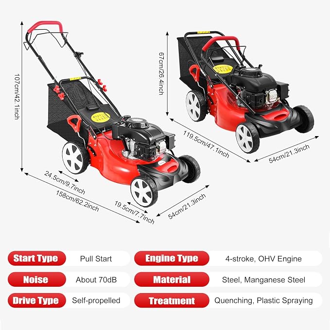 Self-Propelled Gas Lawn Mower, 140CC 5HP 4-Stroke OHV Engine, 20in Cutting Width 8 Adjustable Heights (1-3.2in), 15.9Gal Grass Bag for Yard Garden Lawn Maintenance - Image 6
