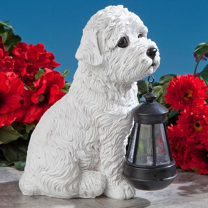 Bits and Pieces - Dog Solar Lantern Statue - Solar Powered Garden Lantern - Resin Dog Sculpture with LED Light - Outdoor Lighting and Décor (Bichon)