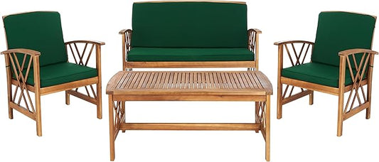 SAFAVIEH Outdoor Collection Fontana Natural/ Green Cushions 4-Piece Conversation Patio Set