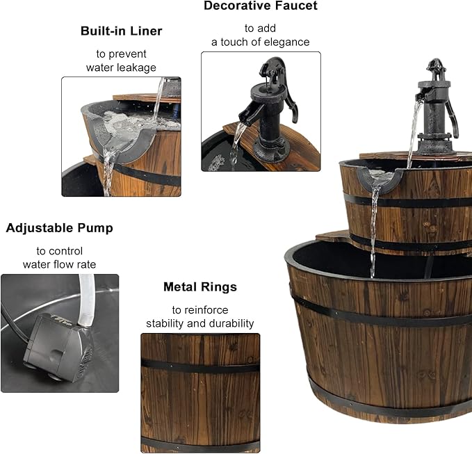 Extra Large Cascading Water Fountain for Outdoor Outside Patio Yard | Decorative 2-Tier Wood Barrel Fountain with Pump | 37.5" Tall Garden Waterfall Fountain