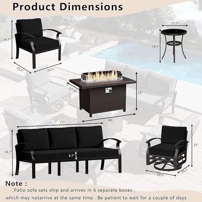 Patio Furniture Set 10 Seats Aluminum Armrest Sofa, Modern Outdoor Living Room Set with 55000 BTU Propane Aluminum Fireplace, Outdoor Rotary Joystick with Thick Cushion