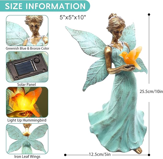 Solar Fairy Garden Statue Decor - 10 Inch Angel Girls Resin Figurine Waterproof Home Decoration with Hummingbird LED Lights for Bedroom Balcony Table Yard Patio, Gifts for Women Mom Grandma Birthday