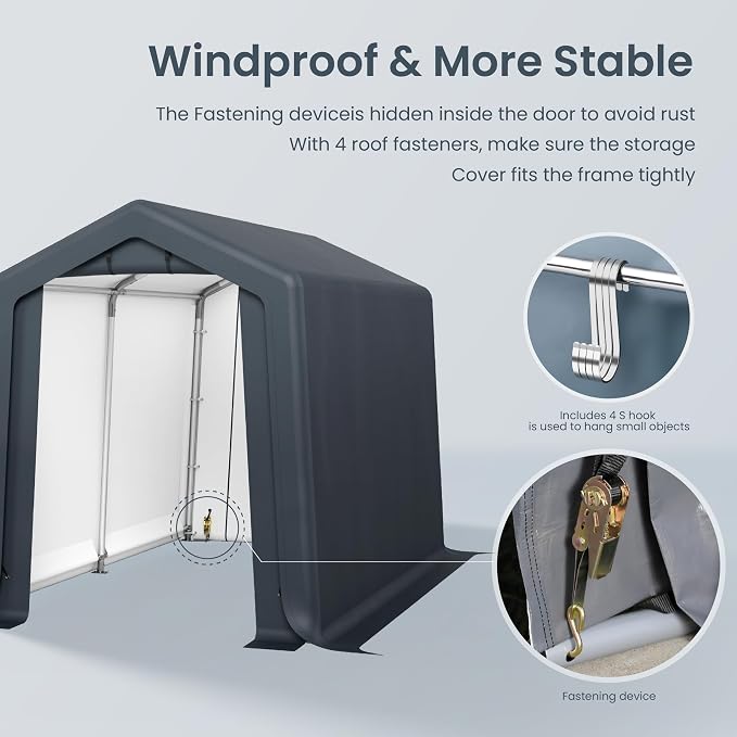 PHI VILLA 6x10ft Storage Shelter Shed, Portable Carports Outdoor Garage Canopy with Roll up Zipper Doors & Vents Waterproof UV Resistant Garages Tent for Cars,Boats,Tools, Motorcycle, Gray - Image 6