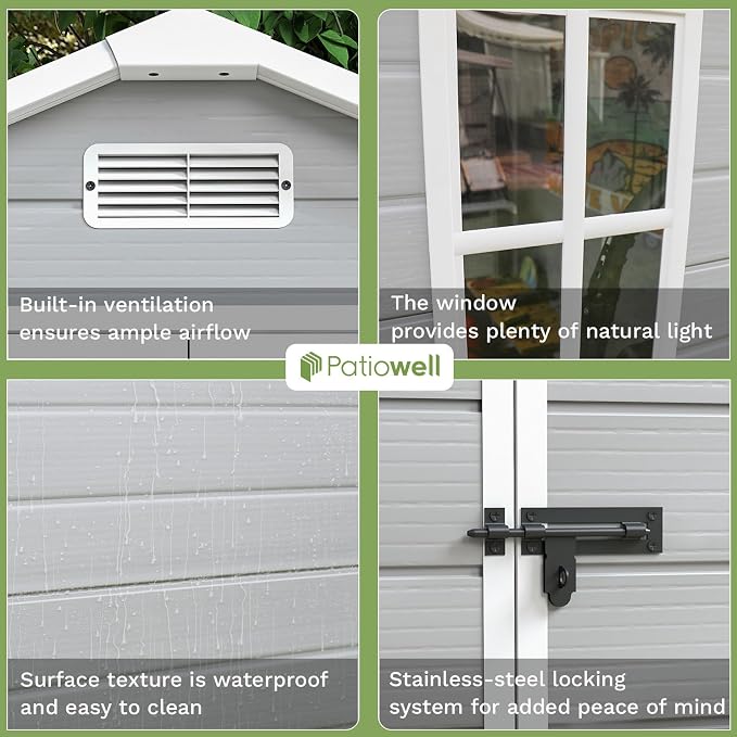 Patiowell 6x4 FT Resin Outdoor Storage Shed with Floor, Plastic Storage Shed with Lockable Door, Outside Shed Perfect to Store Patio Furniture, GardenTools Bike Accessories, Lawn Mower, Light Gray - Image 4
