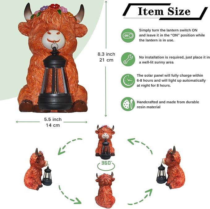 Garden Statues Highland Cow with Solar Lantern, Outdoor Highland Cow Figurines Decorations for Patio Yard Lawn Ornaments, Gifts for Mom/Grandma Birthday Housewarming