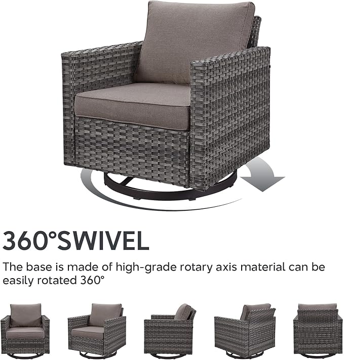 9 Piece Wicker Patio Furniture Set - Outdoor Swivel Rocker Chairs Set with Coffee Table, Rattan Chairs, 3 Seat Sofa & Ottomans, Patio Conversation Sets for Bcakyard Deck - Grey/Grey