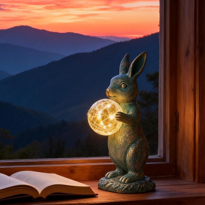 Solar Rabbit Statue with LED Lights, Outdoor Garden Decor, Bunny Figurine for Patio Yard, Lawn Ornament, Easter & Housewarming Gift