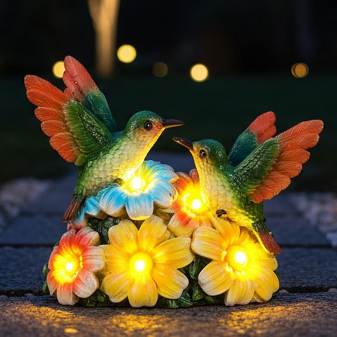 Solar Hummingbird Garden Statues 5.9" Resin Hummingbird Figurine Waterproof Bird Solar Lights Outdoor Yard Patio Decor Lawn Ornaments Unique Housewarming Birthday Gifts for Women Mom Grandma
