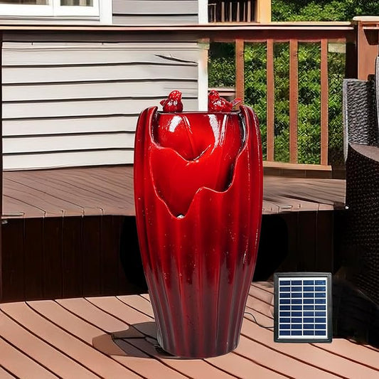 Ferrisland Solar Powered Water Fountain with LED Lights, 20" H Resin Red Vase Outdoor Freestanding Fountain with Pump, Bird Water Fountain & Water Falls for Outside Garden & Backyard Decking Décor