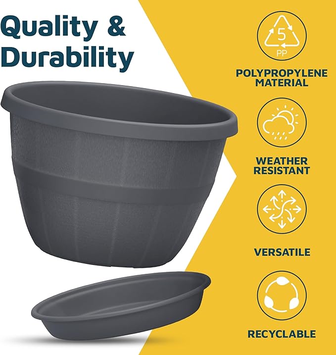 10-Inch Whiskey Barrel Planters Outdoor Pack of 10 - Durable Plastic Plant Pots for Indoor & Outdoor Use with Drainage & Saucer, Lightweight Rustic Barrel Planters for Flowers, Herbs & Small Plants