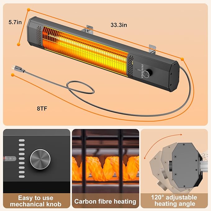 Outdoor Heater, 1s Heating Electric Patio Heater with Remote, 9 Heat Levels, 9H Timers, Overheating Protection, Waterproof, Carbon Infrared Heaters for Restaurant, Garage, Deck, Backyard, Black